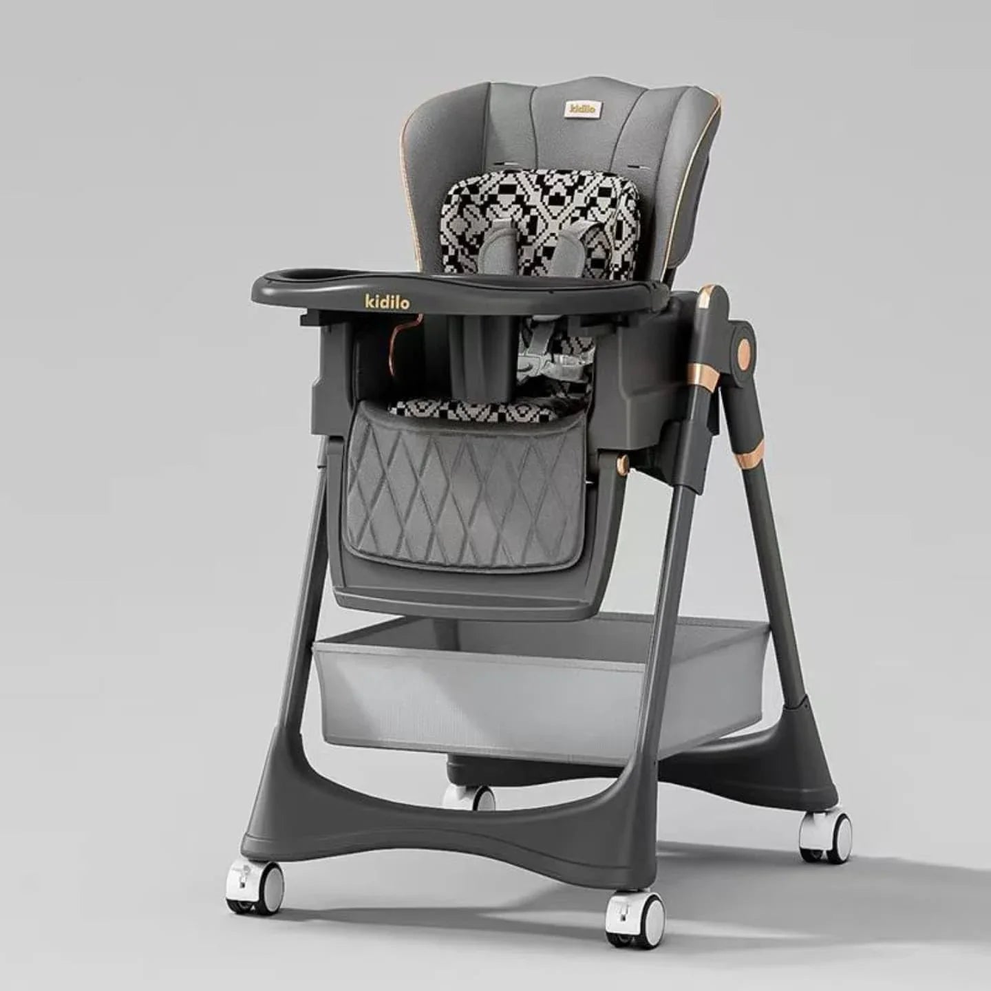 Chaise Haute KD8100 – Pliable, Inclinable, Double Plateau, Roulettes