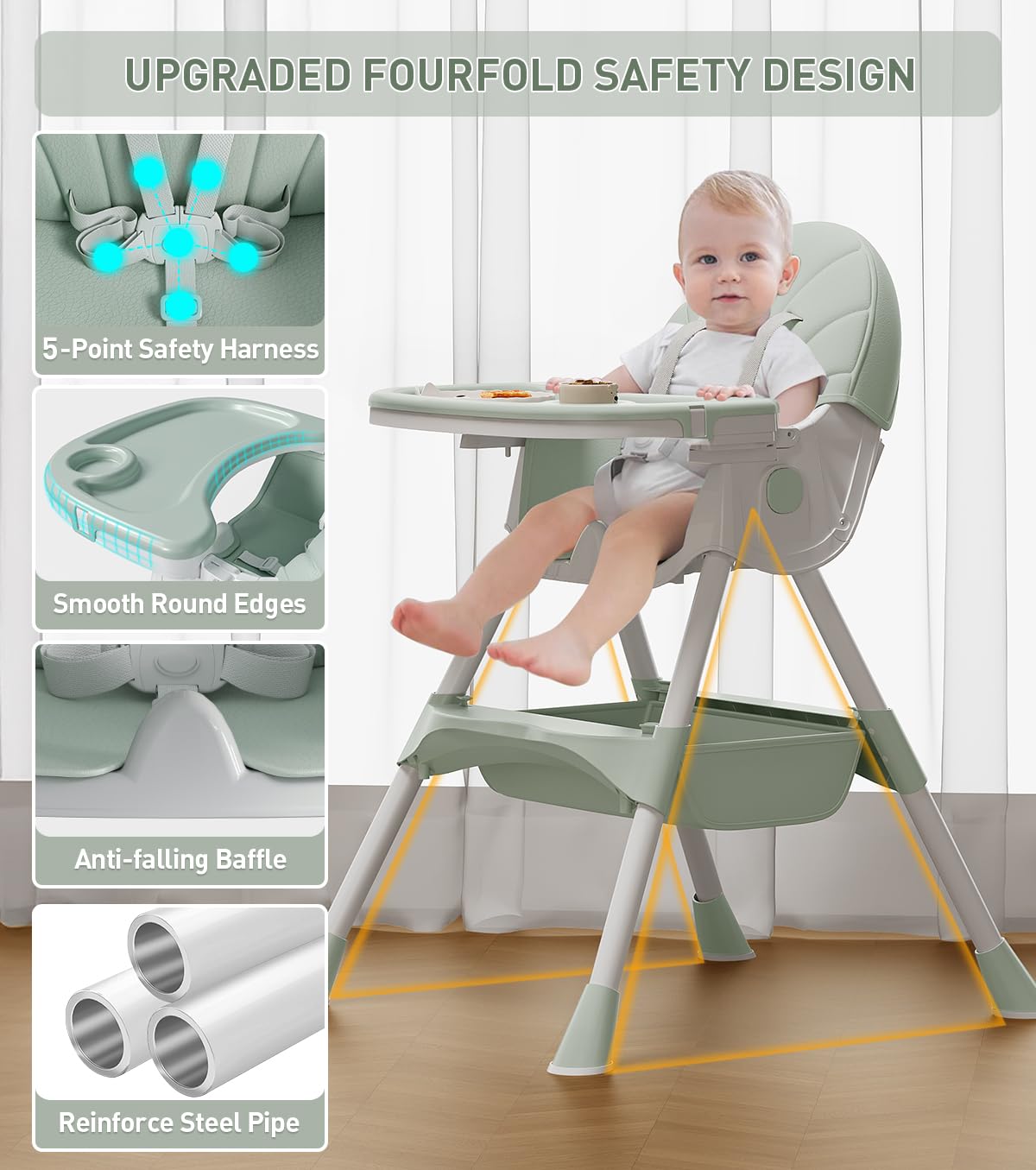 Chaise haute évolutive 5-en-1, pliable et facile à nettoyer