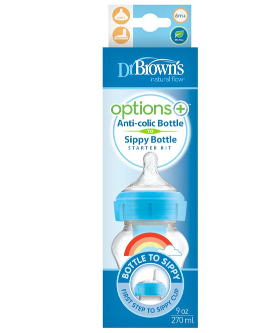 Dr. Brown’s Biberon de transition 270 ml col large Bleu 6M+ (Sippy + tétine L3)
