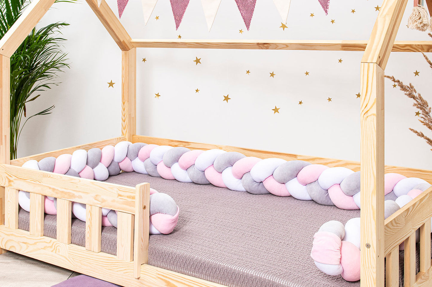 Tour De Lit Tressé Rose/Blanc/Gris – 3 mètres